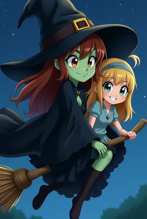 Anime green-faced sexy witch, with brown hair and a sexy black witch outfit, giving an evil smile with furrowed eyebrows. She is riding a broom in the night sky. A cute princess with light skin and blonde long hair is riding the same broom as the witch.