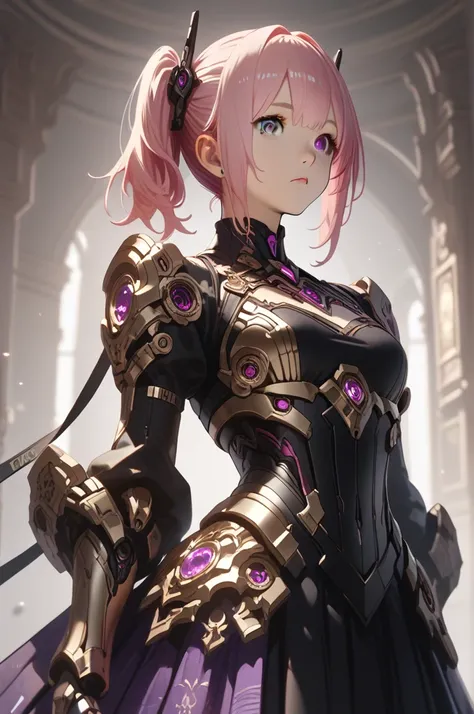 An anime-style girl wearing robotic clothing, pink hair, violet eye/High resolution,  Masterpiece, muy detallado, 