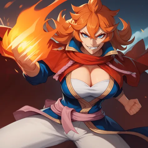 (masterpiece, best quality) solo, 1girl, mereoleonavermillion, fang, orange hair, blue eyes, red cape, blue coat, popped collar, white shirt, pink sash, white pants, large breasts, cleavage, grin, looking at viewer, grimoire, fighting stance, fire