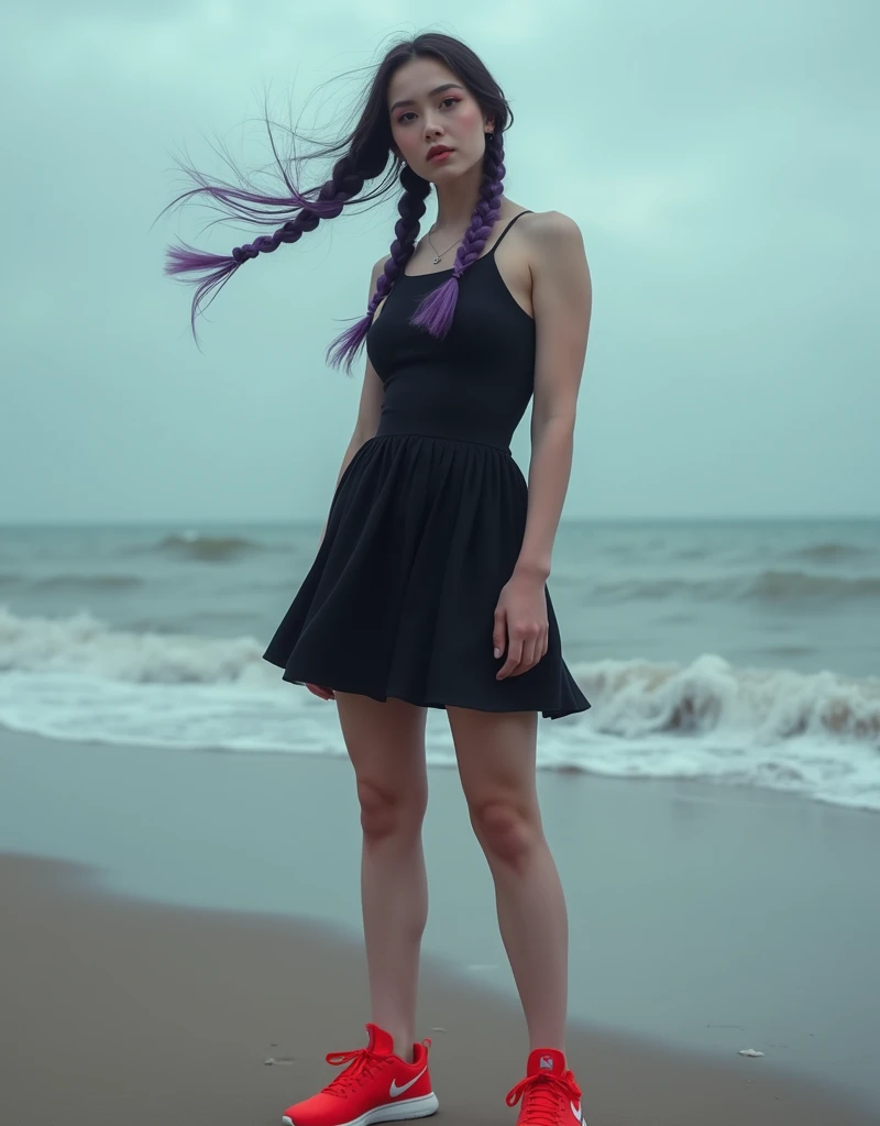 A caucasian girl 20yo, Very Pale skin, Pale skin, hair style French Braid, hair gradient black & purple, real life, photorealistic, LEGS APART, Short black Pleated dress and red nike sneakers, wind blowing, Rear pov, Posing standing, posing, Beatch, 4K, HD...