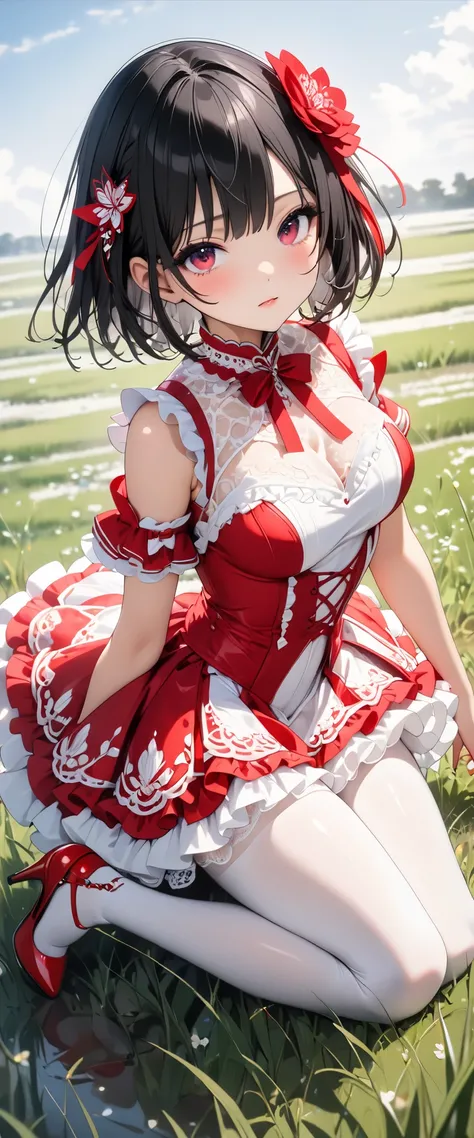 (Anime style face), (((It fit very well、 shiny cute dress、Red and white、Passionate Design 、 Miniskirt、Lively frills、Beautiful lace embellishment 、White Pantyhose、 high heels))),   top quality,  top quality, 16k,  very detailed, 2.5D, AI-generated, Delicate...