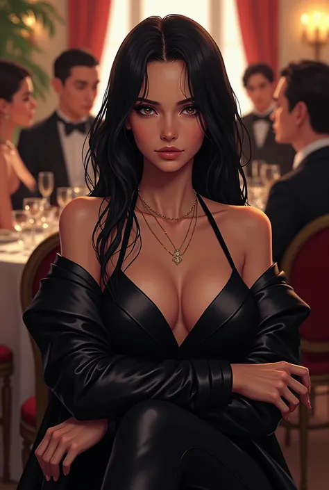 Anime adult woman long black hair black eyes wearing leather clothes with arms crossed vistiendo de manera semi formal sentada en una fiesta elegante 