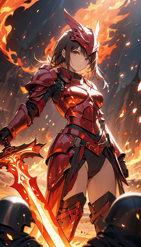 A female knight stands on the battlefield. She is incredibly beautiful, adorned in all fire armor. Beneath the armor, her bare, exquisite skin is visible. She has a stunning and dignified face, and her bare breasts, and hairless genitalia are faintly. Her ...