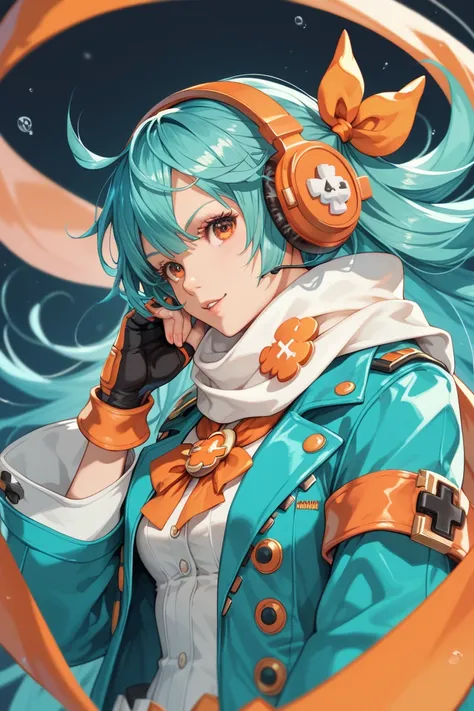  Guilty Gear＆ symphogia＆ Magical Girl ， half orange and aqua hair ，Cool headphones ， orange on the right eye ，Red on the left ，long white scarf， half orange and aqua suit， orange gauntlet ，