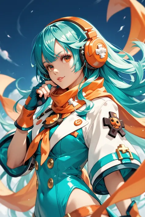  Guilty Gear＆ symphogia＆ Magical Girl ， half orange and aqua hair ，Cool headphones ， orange on the right eye ，Red on the left ，long white scarf， half orange and aqua suit， orange gauntlet ，