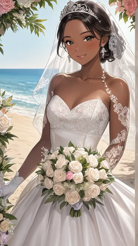 Two Brides:
first woman with a strapless wedding dress, lace top, black eyes,(((brown skin))), transparent wedding veil, wearing white finger gloves, purple tiara, long wavy black hair, wearing silver high heels sandals;
second woman with a sleeveless wedd...