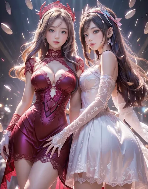 // style  ( maximalism :1.5),  ((( Anatomically Correct Human Body ))),    super high resolution,       Masterpiece     ,      top quality,  Two goddesses standing side by side 　((whole body)), Happy Pace     , とても   long hair, Big Breasts, Decoration     ...