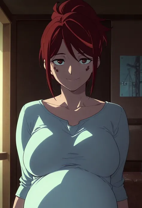 1girl,solo,gloria,mature female,red hair,facial mark,ponytail,indoors,anime coloring, 
,shirt,upper body, looking at viewer, smile
,masterpiece,best quality,amazing quality, pregnant naked 