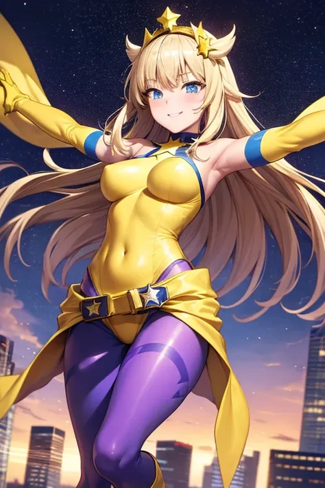 ((best quality)), ((masterpiece)), (detailed), 1 girl, 1, Smiling face, Blue eyes, Star-shaped tiara, Arms outstretched, Arms behind waist, Blue superhero mask, Blushing, Blonde hair, Straight hair, Long hair, Bangs, Hair ornaments, Star hair ornaments, Me...