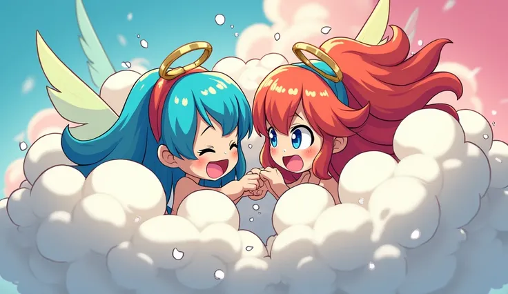 An anime-style comic depicting many fairy-maids playfully wrestling with each other inside a bed comical fight cloud.
each maid has different  colored hair.
their faces,hands,and feet are visible emerging from the cloud as they tussle humorously,  with the...