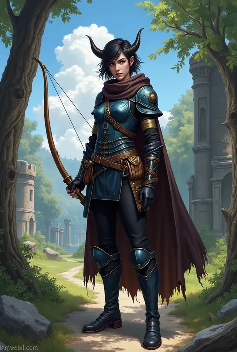 In RPG style, in style of Dungeons & Dragons, in style of fantasy painting. Full body view, looking at the viewer. image of image of a female tiefling ranger marksman, holding a wood bow. Small horns. Short hair. Dark blue leather armor with gold elements,...