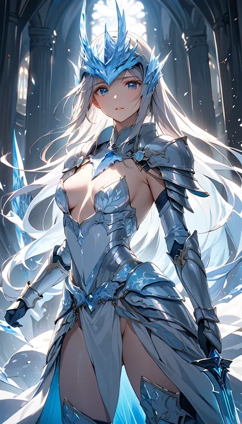 nsfw, A female knight stands on the battlefield. She is incredibly beautiful, adorned in all ice armor. Beneath the armor, her bare, exquisite skin is visible. She has a stunning and dignified face, and her bare breasts, and hairless genitalia are faintly....