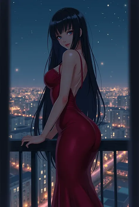 Anime adult woman long black hair black eyes wearing a sexy red dress standing on the balcony of a building at night