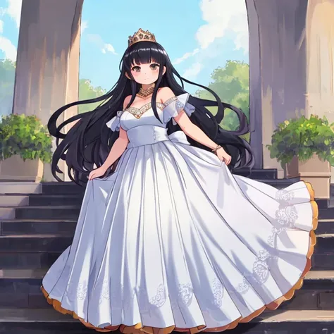 Beautiful Queen, masterpiece,  best quality ,Advanced Details,  black long hair,  girl,white pleated long dress,  high details、 High Quality 、 high definition 、 full body、