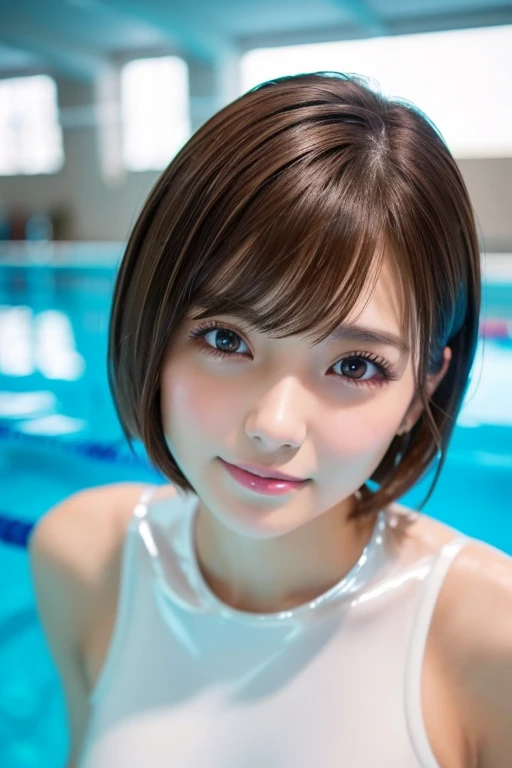 Latex bodysuit、Huge 、Short brown hair、30-year-old gravure idol、Shiny, Oily skin、Glowing Skin、Indoor competition pool、White skin、Face close-up