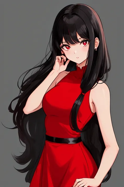  A girl,  black hair, 1980s (style),  sleeveless red dress,  long hair,