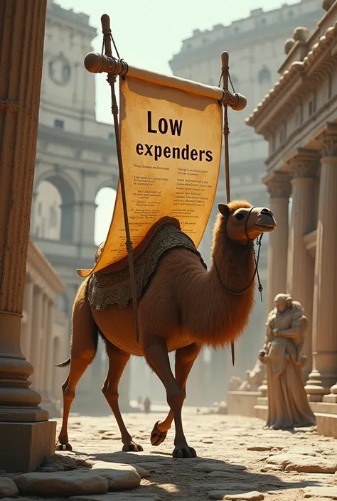 A camel carrying a large scroll that stretches across the ground, on the scroll is written "Low expenders", and you can read all the text in the image. The camel walks towards the Coliseum, and next to the Coliseum is a Colossus looking at the camel.