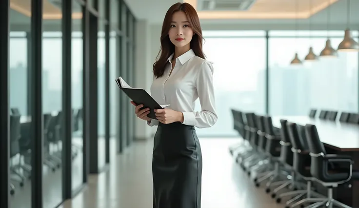 A beautiful lady, asian, Japanese,
brown shoulder length hair, 
holding a file on band and Straight standing in a conference room,
Wearing a white shirt,
Wearing a black leather long full skirt ankle length covered the legs,
Wearing white flat shoes,
whole...