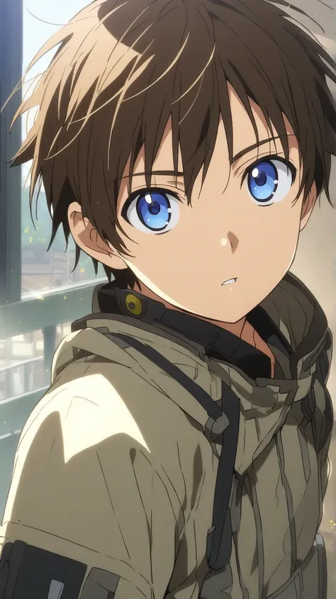 A 14-year-old boy blue eyes brown hair anime 
