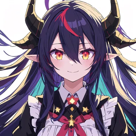 Anime girl with horns and horns on her head, anime demon girl, Anime monster girl , dark demon,  demonic girl,  art style anime moe , portrait of  demonic girl,   evil smile and glowing eyes  , retrato Gapmoe Yandere Grimdark, [[[[ smiling maliciously ]]]]...