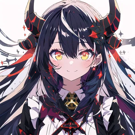 Anime girl with horns and horns on her head, anime demon girl, Anime monster girl , dark demon,  demonic girl,  art style anime moe , portrait of  demonic girl,   evil smile and glowing eyes  , retrato Gapmoe Yandere Grimdark, [[[[ smiling maliciously ]]]]...