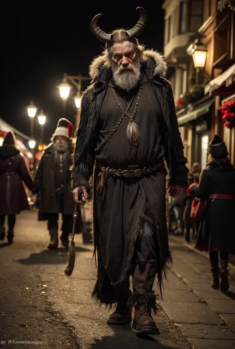 3 yule creatures, Belsnickel, Frau Perchta, Krampus walk through the streets of San Franciscos Castro District. Belsnickel is a very ragged and disheveled man wearing furs and he also wears torn, tattered, and dirty clothes, and he carries a switch in his ...