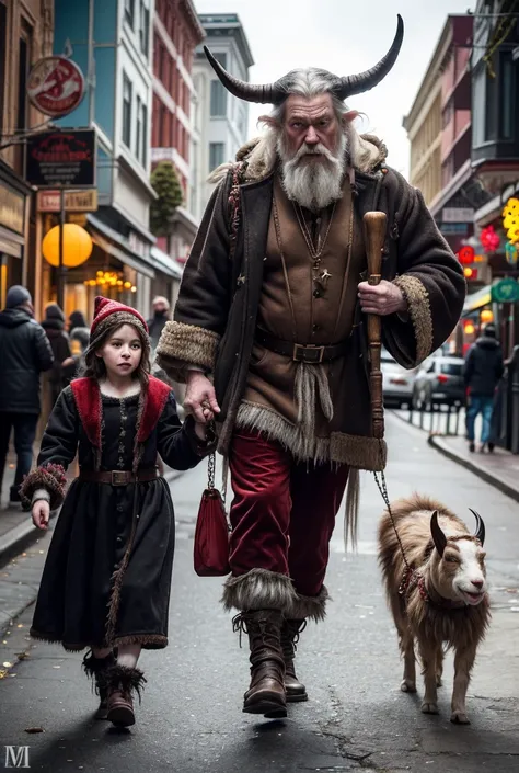 3 yule creatures, Belsnickel, Frau Perchta, Krampus walk through the streets of San Franciscos Castro District. Belsnickel is a very ragged and disheveled man wearing furs and he also wears torn, tattered, and dirty clothes, and he carries a switch in his ...