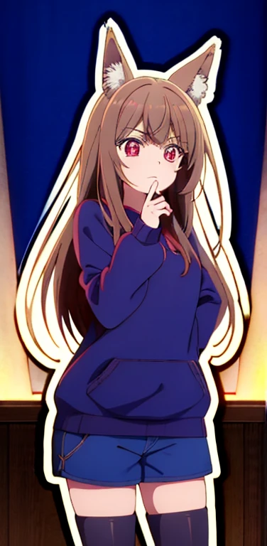 Create an anime character,  with light brown hair,Fringe and Maria Chiquinha , with rabbit ears,  tired red eyes and fair skin , ,  wearing a light blue sweatshirt and dark blue shorts,  with darker tights .