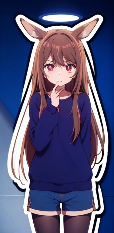 Create an anime character,  with light brown hair,Fringe and Maria Chiquinha , with rabbit ears,  tired red eyes and fair skin , ,  wearing a light blue sweatshirt and dark blue shorts,  with darker tights .