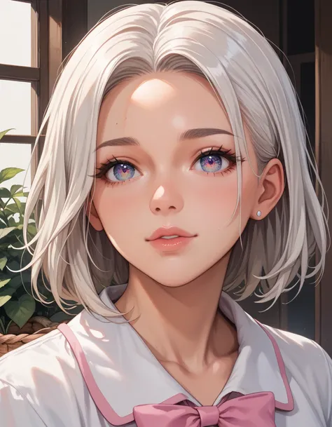 Masterpiece, best quality, super detailed, illustration, beautiful detailed eyes, close up, a girl. It is white hair, pink bow, white pajamas. Squat on the ground and rummage through the clothes basket