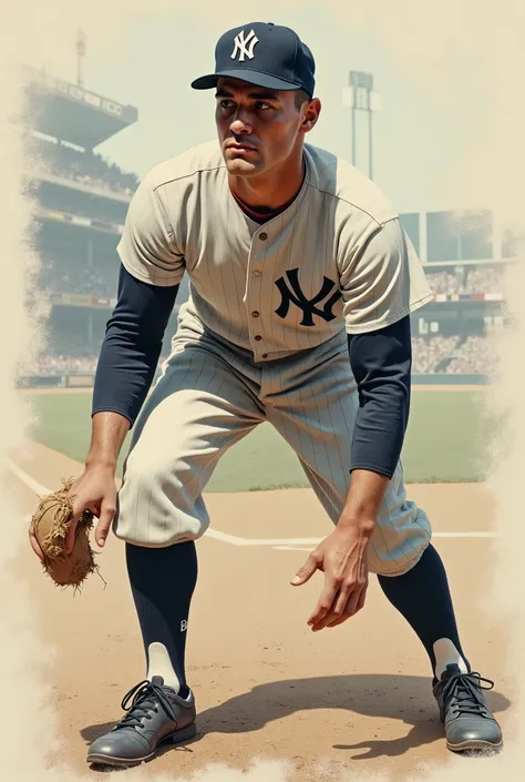 a portrait of lou gehrig new york yankees baseball player, intrinsic details,masterpiece,hyper realistic, hd, 8k,Standing preparing to block the ball,rough pen drawing with minimal lines,color 90s