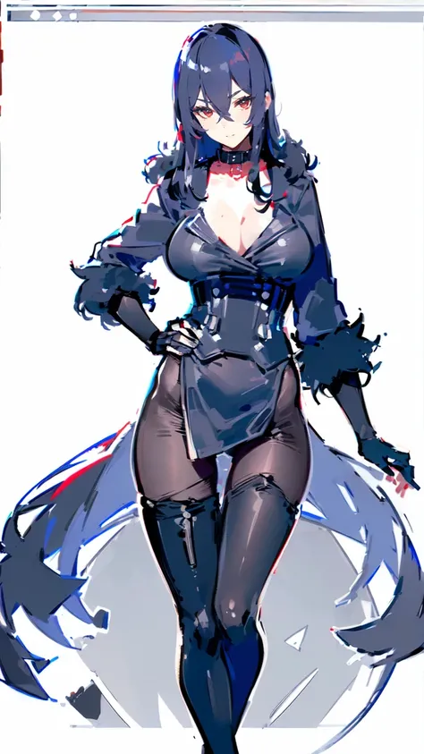 ((4K)), ((masterpiece)),( (Write neatly and in detail)), ((Beautiful and pretty older sister)), Slim and glamorous body, Red Eyes, Black blue Hair, long hair, cross bangs, (((jacket, collar))), (((short loincloth, stocking pantyhose, fur hem, forearm glove...