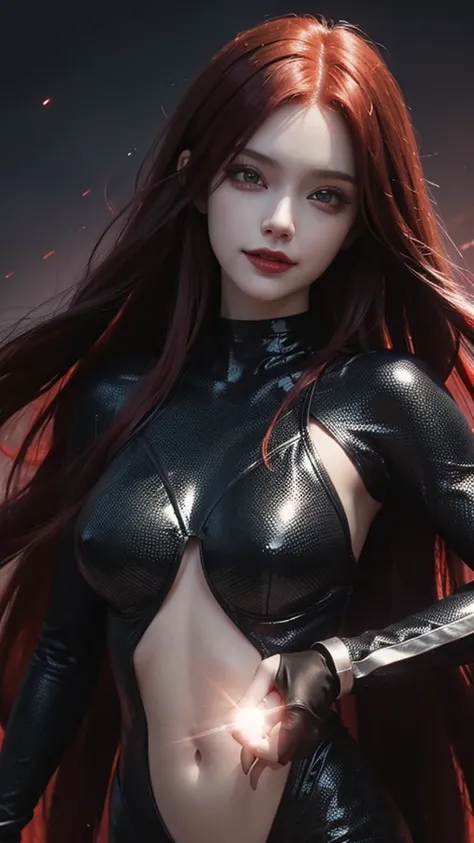 Princess of darkness with bloodshot eyes, Red Hair,  choker,  Evil Smiles , Devil Make, anime style,  lens flare,  high detail,  First-Person Perspective ,  Cinematic Lights ,   Masterpiece ,  super detailed,  top quality, 8k,  super high resolution,red pa...