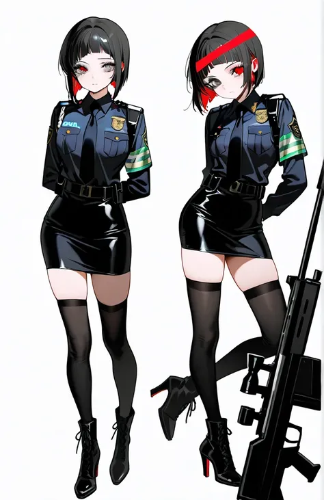 Experienced female police officer,  short Bob-style hair with long fringes and on the forehead ,  gray eye with a red lens on her right eye ,  in a tight black blouse with elegant tie and black skirt with high socks and high heel boots,  leaning on a futur...