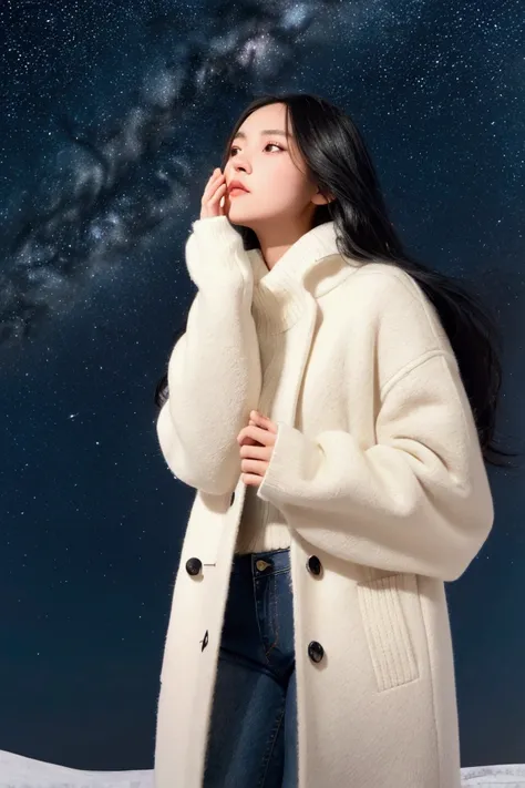  A girl with long black eyes and long black hair looking at a starry night sky ,  wearing a soft white sweater, a light brown long coat made of soft material, and light-colored jeans. Looking up at the night sky while spitting out white in the middle of a ...