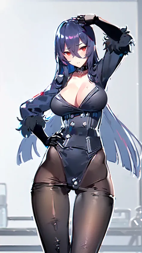 ((4K)), ((masterpiece)),( (Write neatly and in detail)), ((Beautiful and pretty older sister)), Slim and glamorous body, Red Eyes, Black blue Hair, long hair, cross bangs, (((jacket, collar))), (((short loincloth, stocking pantyhose, fur hem, forearm glove...