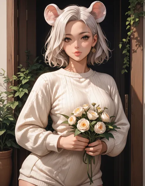  girls, short fluffy white hair, big round mouse ears, white sweaters, holding flower, ((dark brown eyes)), beautiful, glossy lips, detailed eyes , Score_9, Score_8_up, Score_7_up, Score_6_up, Score_5_up, Score_4_up, Source_anime, Tag1, Tag2, Quality_maste...