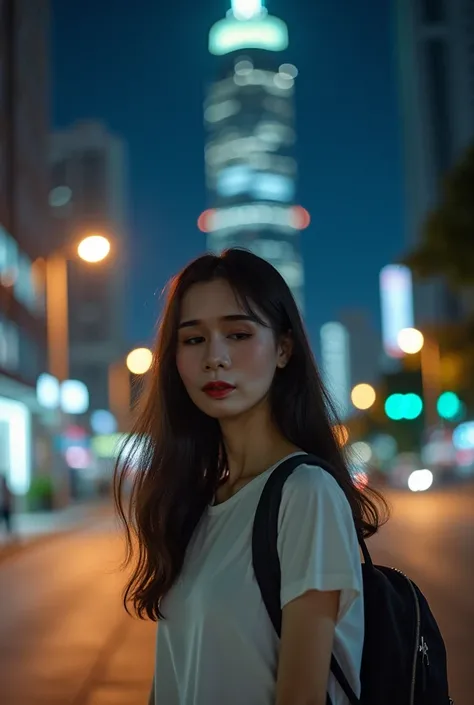  Photo of beautiful Asian girl with long hair in a T-shirt with a backpack,High-rise building backdrop,Beautiful lighting Bright lights at night ,On the roadside