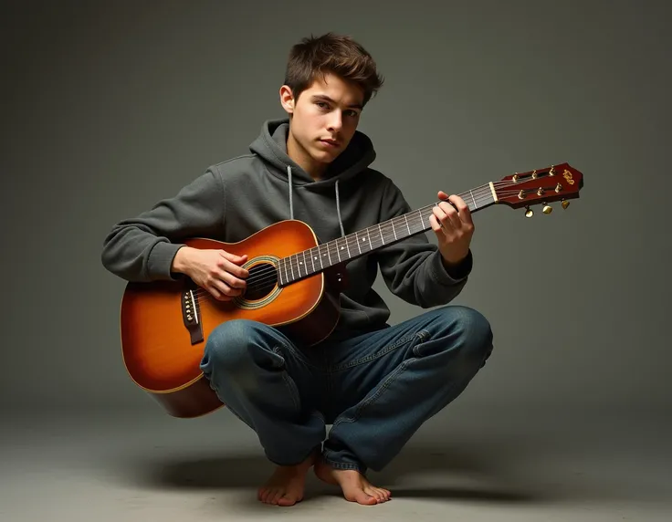  Create an image of a  who was born without arms, but he learned to play the guitar with his feet 