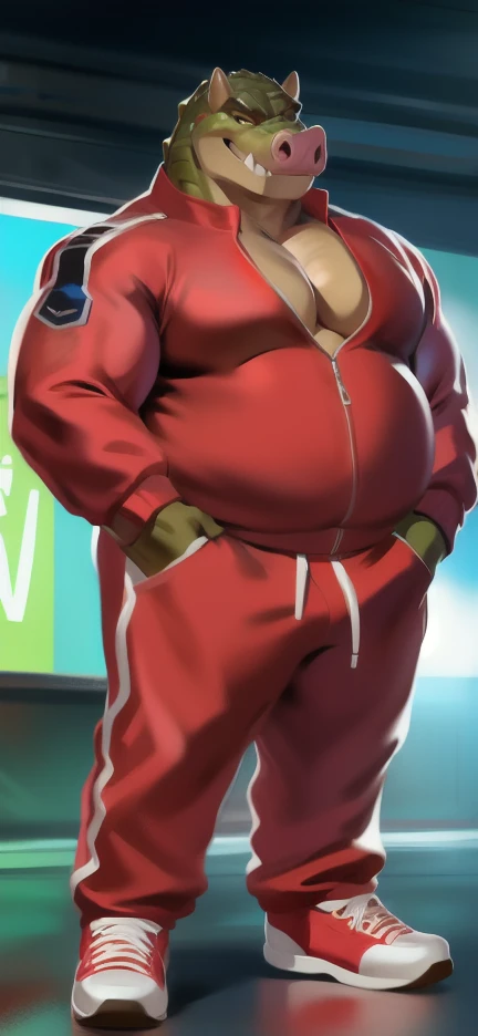 Solo, big male ,huge​ body​,​ Standing ,barrack,big pig crocodile ,red Tracksuit soldier , Wear combat shoes, overweight, muscular, Smirking , by chunie