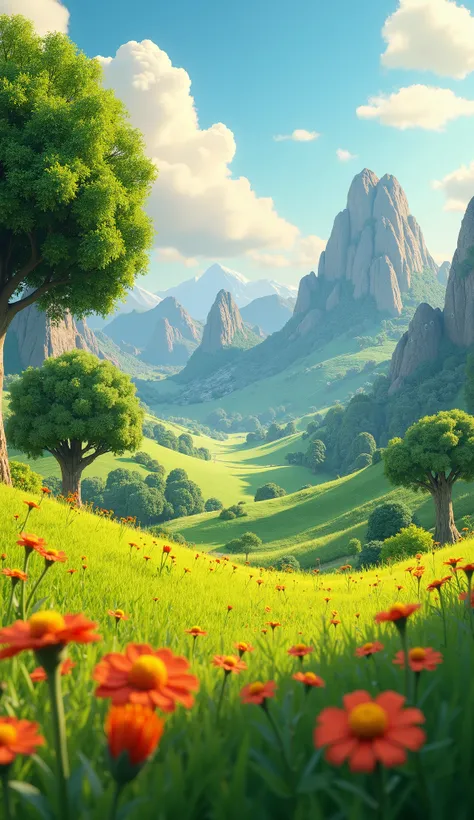  A lush Pixar-style landscape :  friendly rounded mountains , large, detailed trees ,  cartoonish flowers with subtle faces and a vivid green field,  all conveying a warm and inviting tone ."