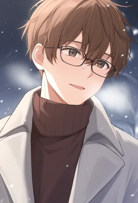 Age 25，male，  brown hair，  upper body，  focus on the face  ，winter，Glasses