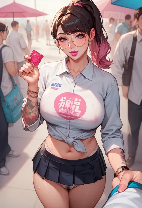 Korean girl, medium hair, ponytail, wearing thin and loose hotel uniform, and pink mini skirt, also wearing round glasses, cute face, wearing soft pink lipstick, and thick makeup, big boobs, in hotel lobby, pov, paparazzi shot, white shirts, extremely arou...