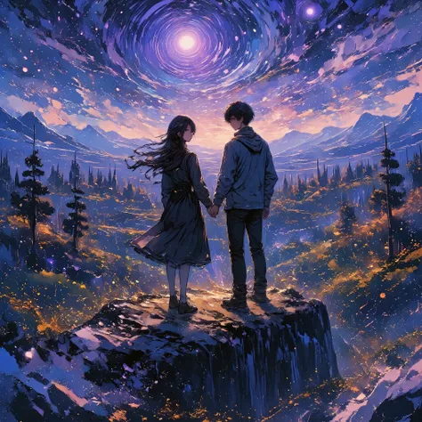 a couple holding hands, a girl with a black dress and long black hair, (glowing blue eyes:1.3), a guy with short black hair, (guy with glowing blue eyes), standing on cliff, standing on edge of cliff, large mountains in background, forest, trees, (green tr...
