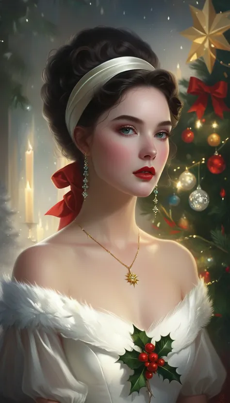 picture of a woman in a white dress with a Christmas tree, tom bagshaw artstyle, lois van rossdraws,  artstyle tom bagshaw , tom bagshaw style,  elegant digital painting ,  beautiful fantasy art portrait, Digital art of the elegant, rossdraws portrait,  Ch...