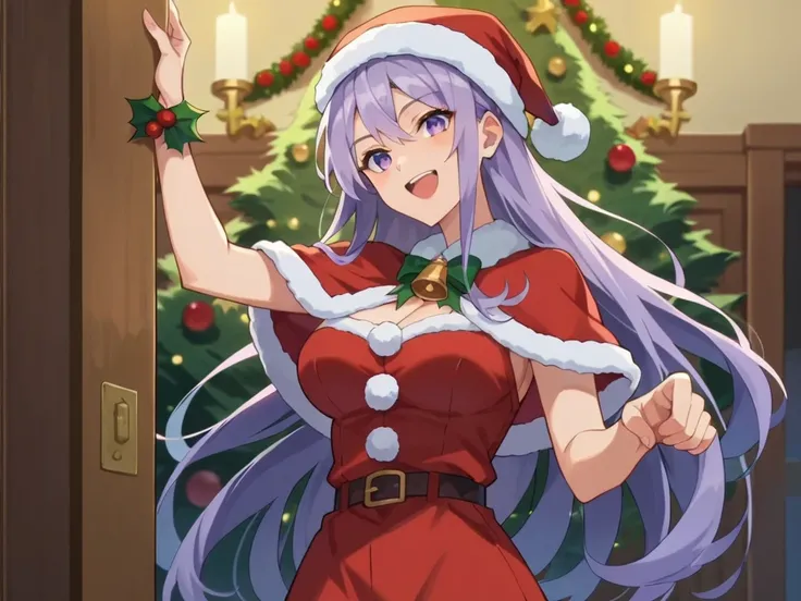 score_9, score_8_up, score_7_up, score_6_up, BREAK source_anime, 1woman, youth, solo, long hair, very long hair, erotic body, purple eyes, open mouth, smile, big breasts,  Christmas outfit, Christmas Eve indoors , anime screencap, Perfect lightning