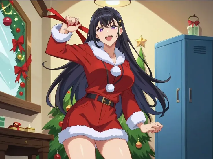 score_9, score_8_up, score_7_up, score_6_up, BREAK source_anime, cowboy shot, looking at viewer, 1woman, youth, solo, long hair, jet black hair very long hair, erotic body, purple eyes, open mouth, smile, big breasts,  Christmas outfit, Christmas Eve indoo...