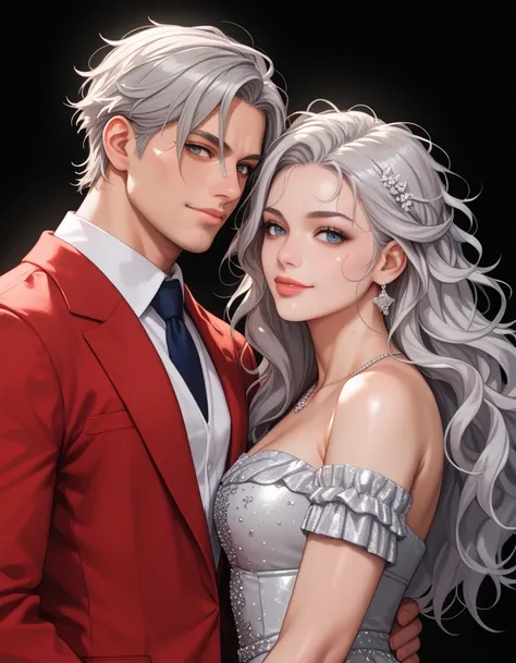 Masterpiece, Superb Fashion, (Fashion Costume), (Illustration), (2 People), Handsome Young Couple, (Russian Mill Style), Fashion, Silver Hair, (Long Hair), (Messy Hair), (White Skin), (Dark Circles), Handsome, Dance Steps, Trend, Dark Gray,, Close Up, (Gra...