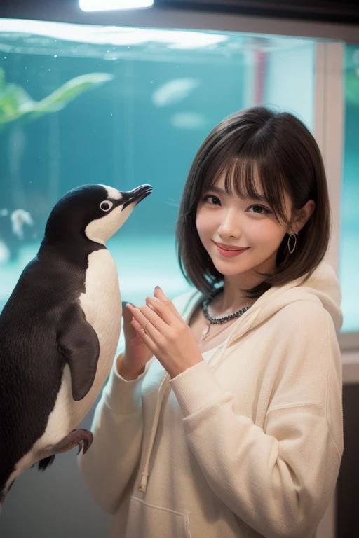  Inhaling Eyes , cute double ,  woman having fun with penguins in an aquarium, Humboldt penguin ,  bright colored shorthair , hairpin,  clothes chosen for a date , Talented , Kind personality,  woman who is very particular about the details ,  detailed hai...