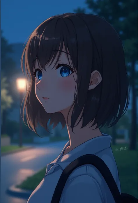 Night view character profile,  blue eyes, Brown Hair,  medium hair,  1 girl,  College Student アニメ風, 